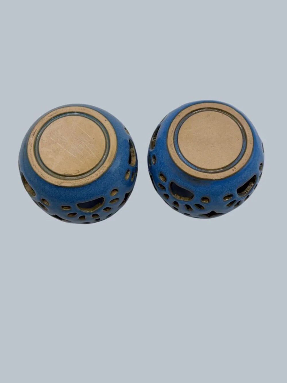 Pair Blue Pierced Ceramic Tea Light Candle Holders Lantern Votive Decor